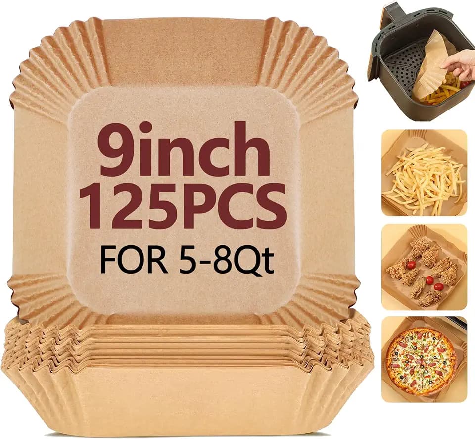 9 Inch Air Fryer Liners Disposable-125PCS Square Parchment Paper Liners,Heat Resistant & Non-Stick,Unbleached Liners for Air Fryer,Oven,Roasting,Baking,Microwave(Bottom is 8 Inch)