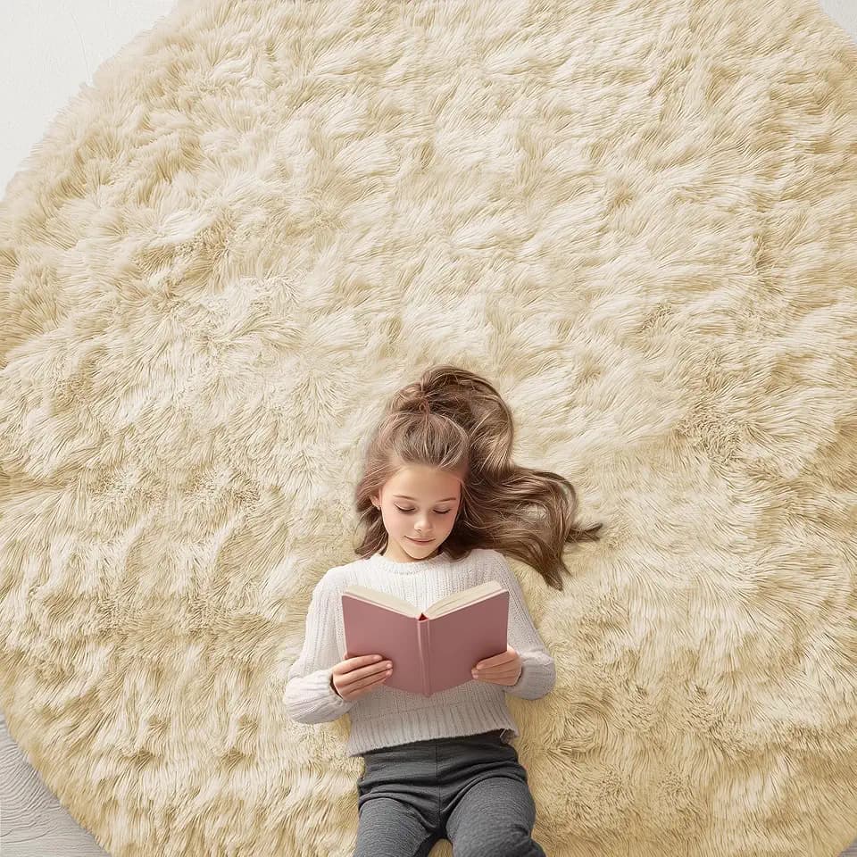 OLANLY Cream Round Rugs for Bedroom - Machine Washable, 8 ft Circle Area Rugs for Living Room, Soft and Fluffy Shaggy Carpet for Teen Girl and Boys, Nursery Rooms, Dorms, Home Decor Aesthetic