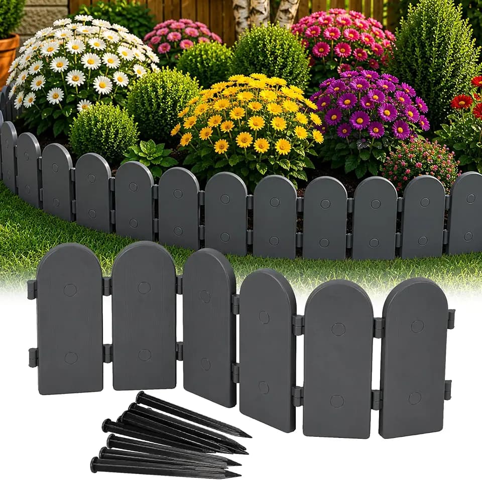 GARDENIX 2.4m Gartenpalisade Holzoptik, Beeteinfassung Anthrazit, Kunststoff, Flexible Rasenkante zum Stecken, 12 Erdanker, Beetumrandung Holz, Beetbegrenzung, Gartenzaun für Blumenbeet, Beetzaun