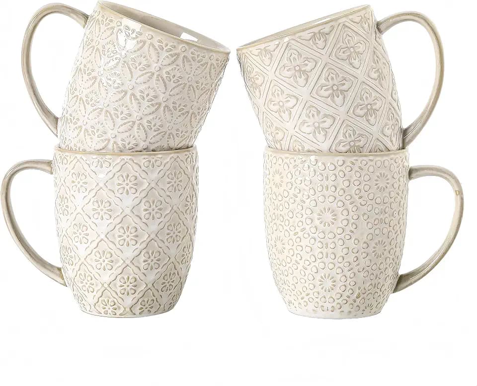 Coffee Mugs Set of 4, 16 Oz Ceramic Coffee Mugs, Large Porcelain Embossed Cups for Cocoa, Tea, Milk, Mocha, Cappuccino, Microwave & Dishwasher Safe, Comfort Handle, 3.5 x 4.5 inch