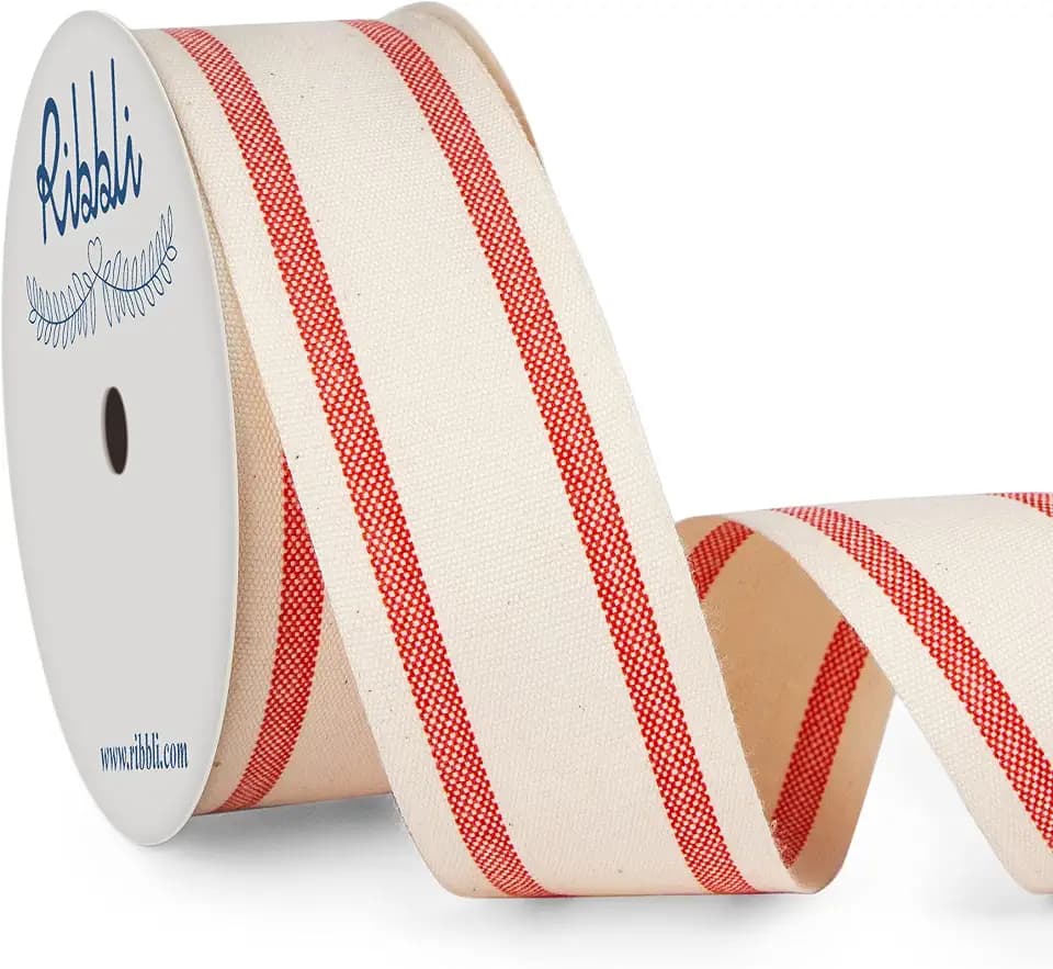 Ribbli Natural Cotton Red Stripe Ribbon, 1-1/2 Inch x 10 Yard Spool,Farmhouse Valentines Rinbbon,Use for Gift Wrapping,Home Decor,Floral Decoration-Natural/Red