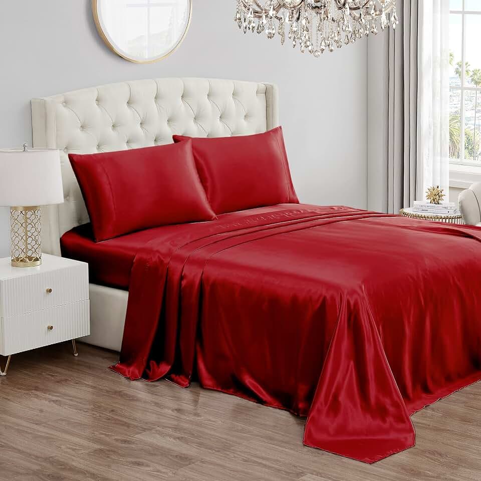 Juicy Couture Queen Size Satin Bed Sheet Set, Deep Pocket Silky Queen Sheet Set with 1 Fitted Sheet, 1 Flat Sheet and 2 Pillow Case, Wrinkle Resistant and Anti Pilling Bed Sheets - Red