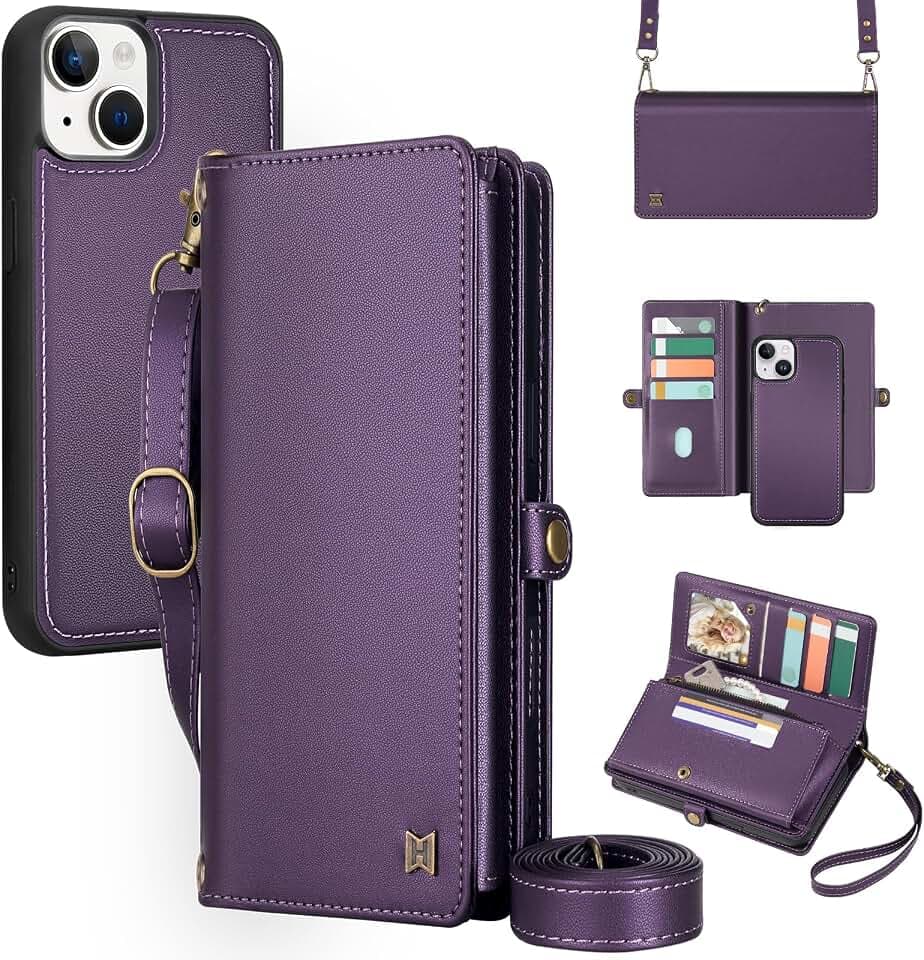 for Wallet Case Compatible with iPhone 13,Multi-Function Detachable 2 in 1 Magnetic iPhone 13 Case Wallet,Flip Strap Zipper Card Holder Phone Case with Shoulder Straps (Pruple)