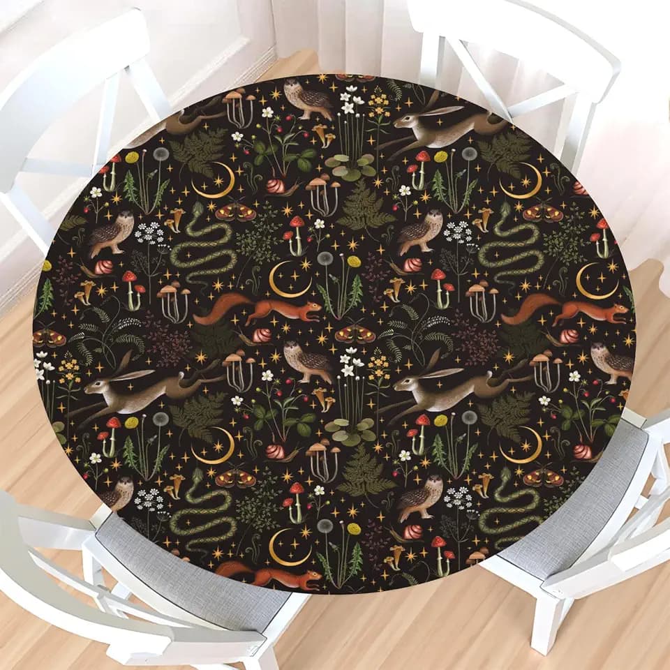 Witchy Forest Round Fitted Tablecloth with Elastic Edge,Water-Resistant Picnic Gothic Floral Rustic Table Cover for 40"-44" Found Tables Mushroom Flower Moon Stars Animal Table Cloth for Outdoor,Patio