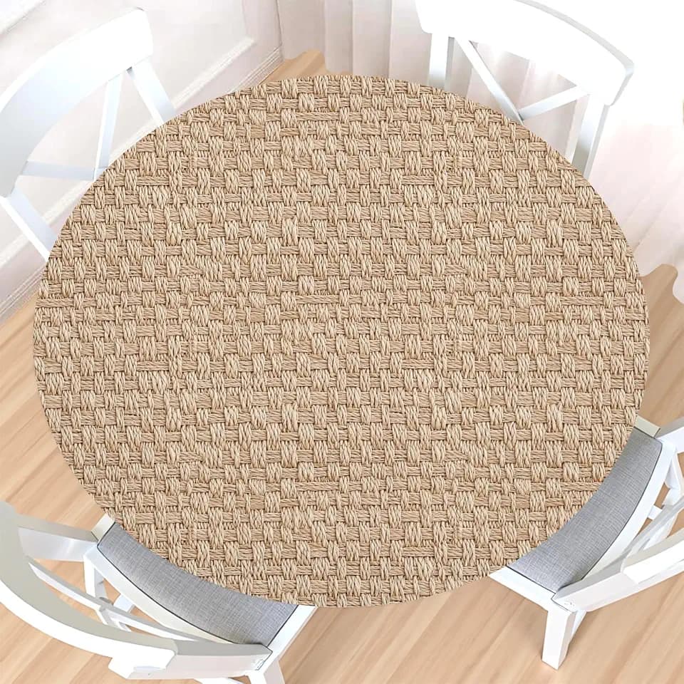 Rattan Round Fitted Tablecloth with Elastic Edge,Water&Stain-Resistant Wipeable Picnic Beige Table Cover for 40"-44" Found Tables Reusable Weaving Print Table Cloth for Dinner,Outdoor,Patio,Camping