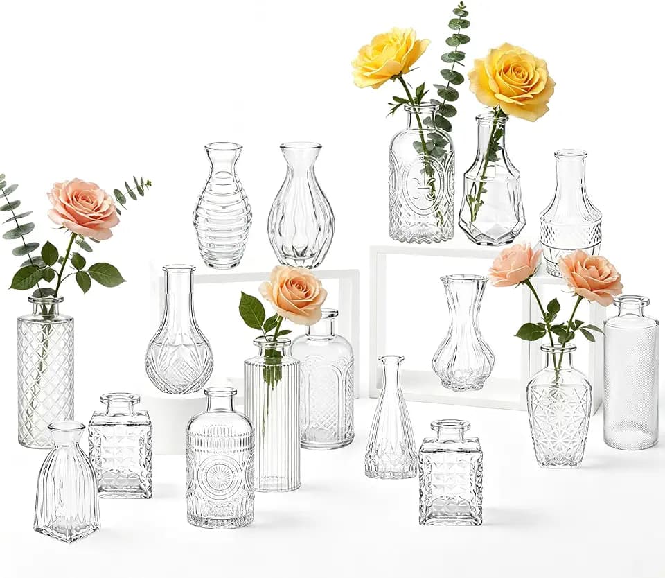 17 Pack Glass Bud Vases in Bulk, Clear Small Flower Vases