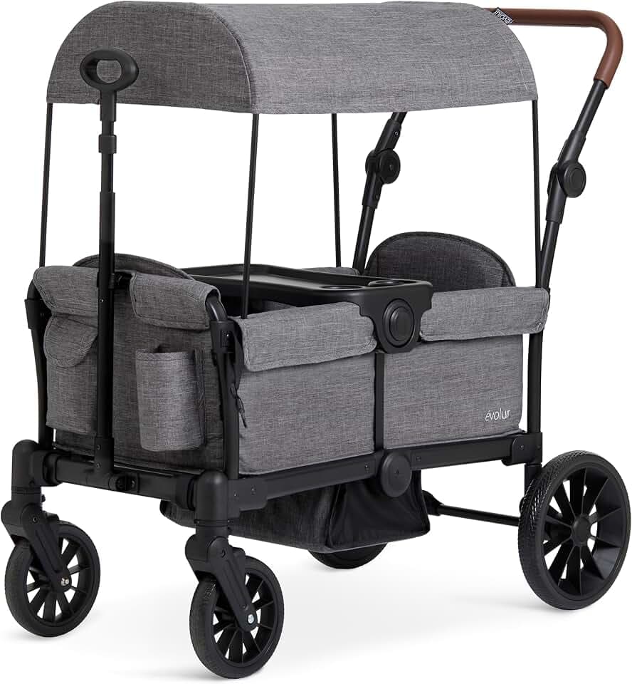 Evolur Trailblazer Foldable Wagon Stroller for 2 Kids with Canopy, Grey