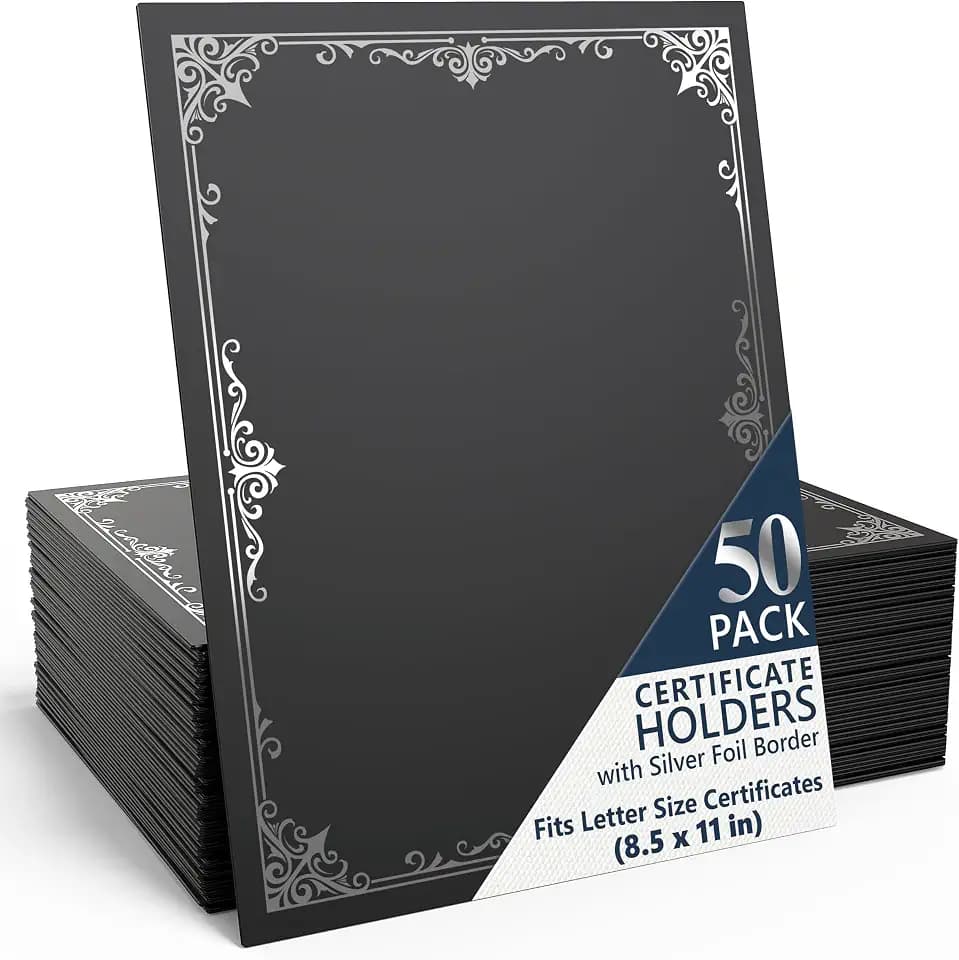 50 Pack Double Sided Certificate Holders 8.5x11 Black - Heavyweight 300gsm Cardstock Diploma Holder - Dual Certificate Folder Letter Size Graduation Award Certificate with Silver Foil Diploma Cover