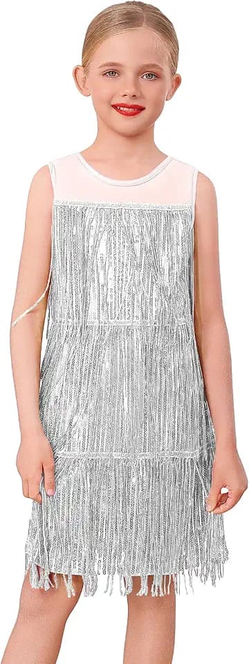 IDOPIP Kids Girls 1920s Flapper Dress Tassels Sequins Fringe Latin Dance Dress Gatsby Halloween Party Ballroom Dance Costumes