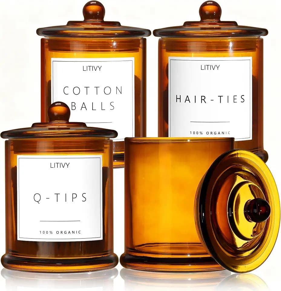 LITIVY 4 Pack Bathroom Organizers and Storage - 16 Oz Glass Qtip Holder & Cotton Pad Dispenser with Lid, Apothecary Jars for Home, Room Decor, Kitchen Organizer (Amber)