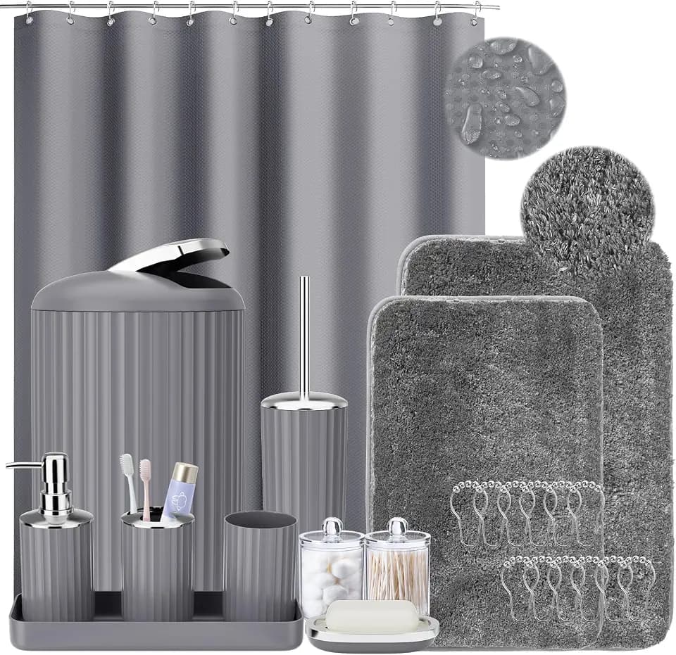 XLHOMO Gray Bathroom Accessories Set Complete with Shower Curtain and Rugs