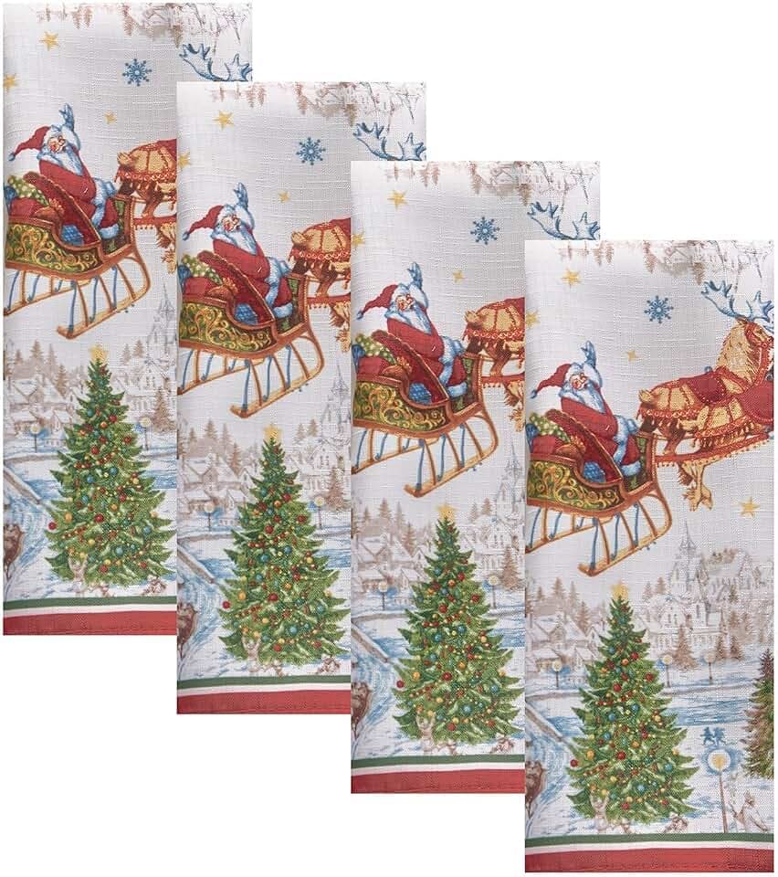 Santa's Snowy Sleighride Napkins, Set of 4, Multicolor - 17" W x 17" L