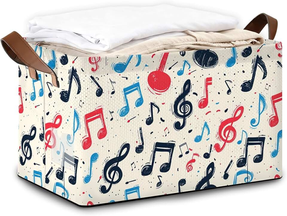 Storage Bins with Handles, Foldable Oxford Fabric Storage Basket, Musical Note Sturdy Frame Organizer for Closet Shelves Bedroom Laundry Room Toy Storage
