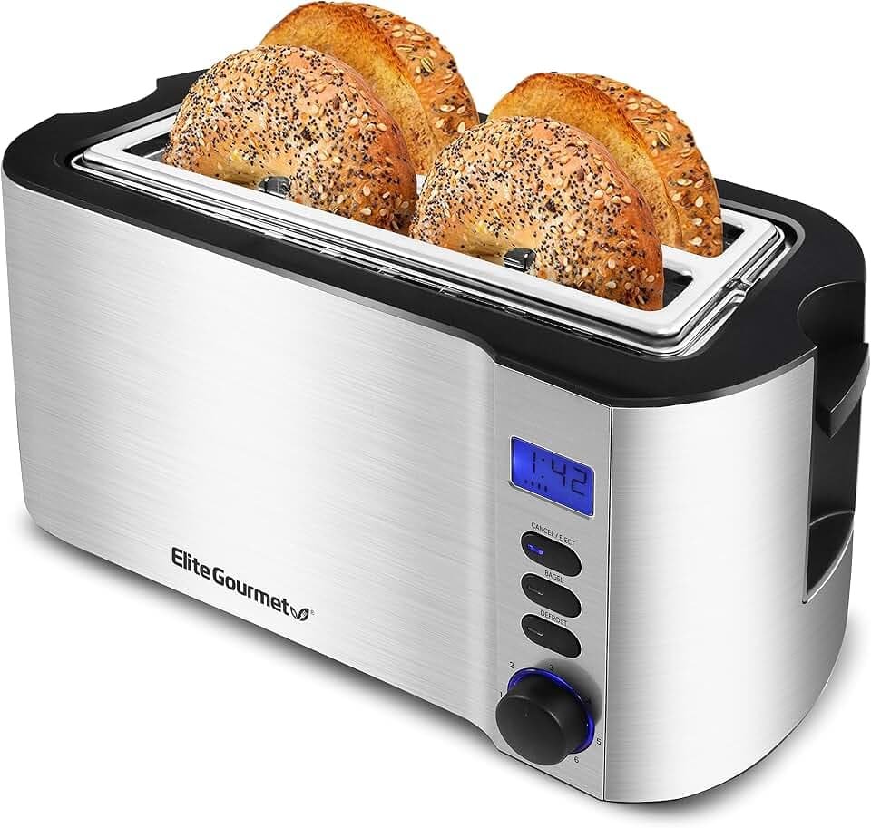 Elite Gourmet 4-Slice Long Slot Toaster, Countdown, 6 Shades, Warming Rack