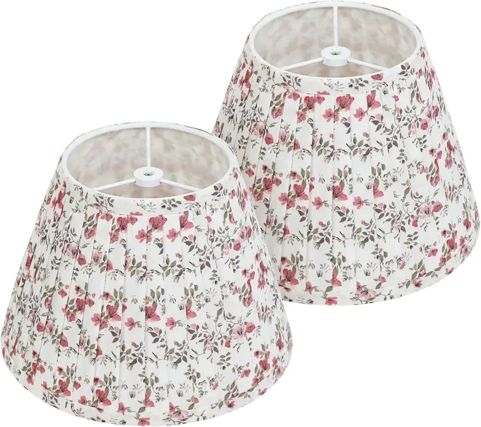 White & Red Empire Pleated Lamp Shades Set of 2, 5" x 9" x 6.2" Small Floral Lampshades for Table Lamps, Spider Fitter Replacement Lamp Shades for Cozy Cottage, Coastal & Country, No Assembly Required