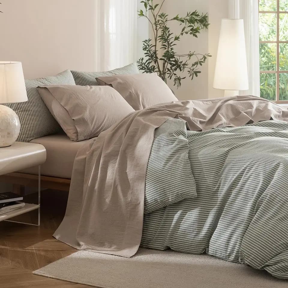 JIYUAN King Washed Cotton Sheet Set, 4-Piece, Relaxed Linen Feel