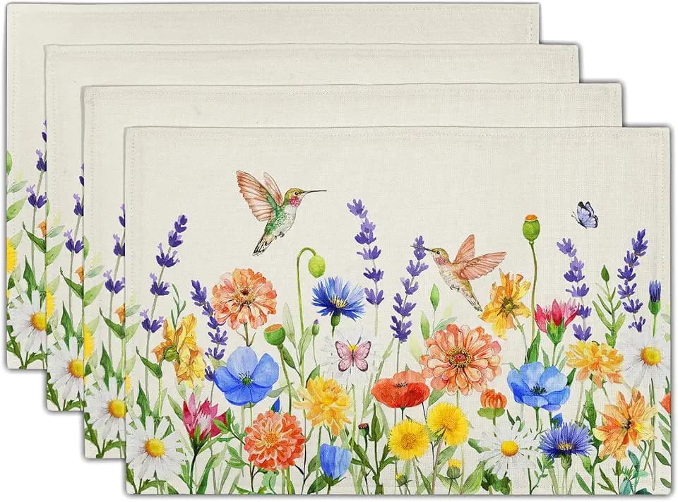 Hummingbird Placemats 12×18 Inches Set of 4 Spring Summer Watercolor Floral Seasonal Indoor Kitchen Dining Table Place Mats for Home Party Decoration