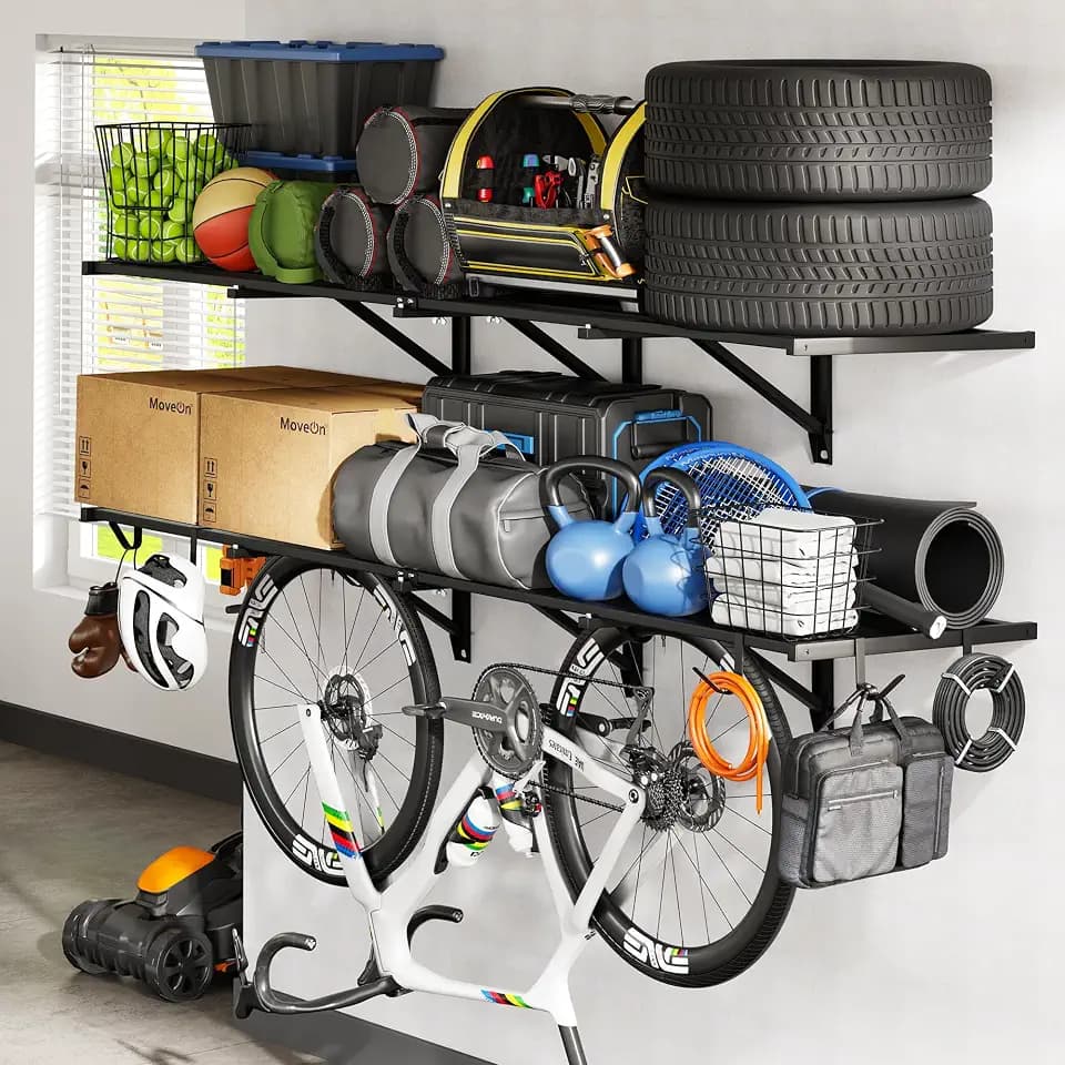 FLEXIMOUNTS 2-Pack 2x6ft Garage Wall Shelving with 8 Hooks, 1200lbs, Black