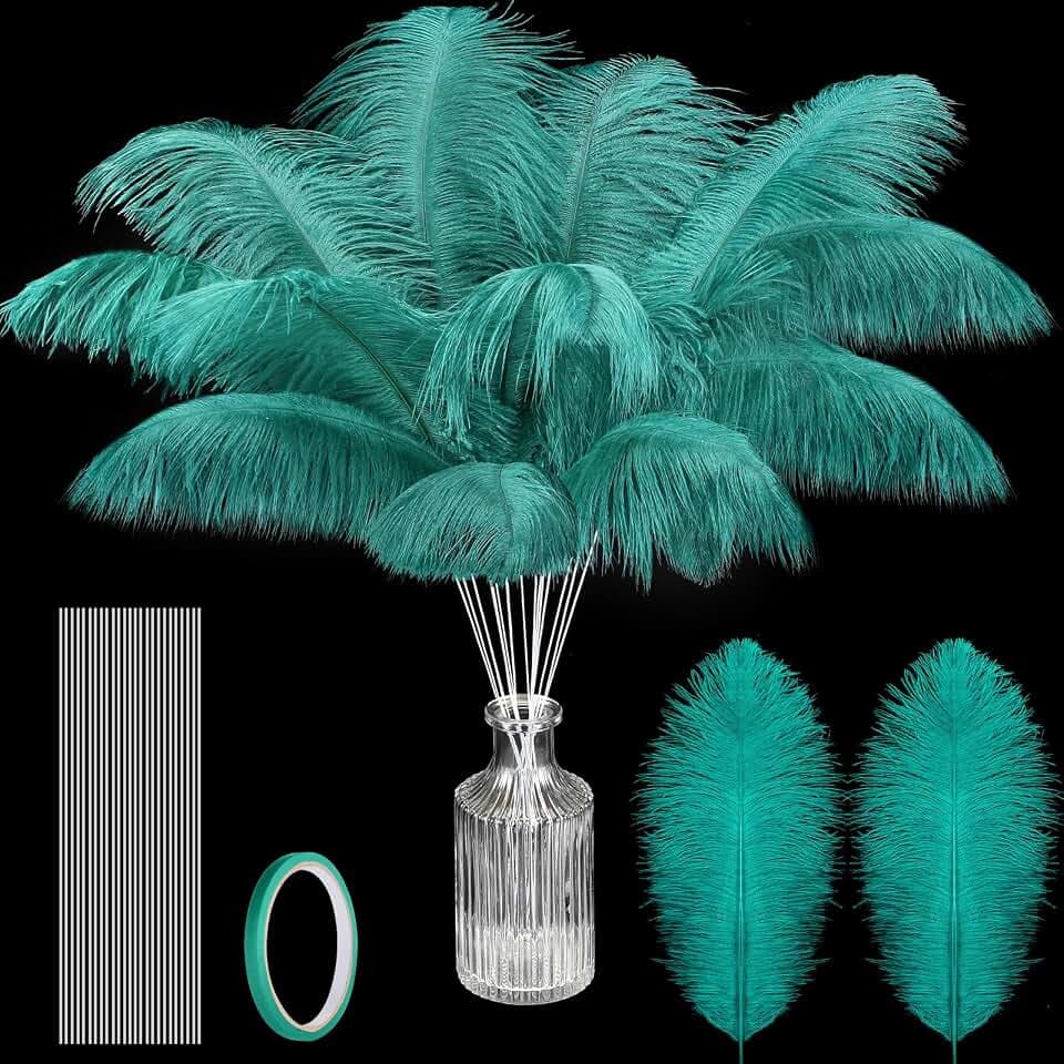Lyrow 12 Set Ostrich Feather 10-12" Masquerade Party Decor, Dark Green