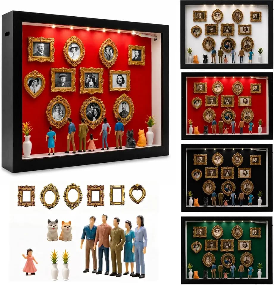 Mini Museum Kit with LED Lights | DIY Holiday Mini Museum Display Case | Gold Frames Memory Box Anniversary Wedding | Festive Silhouette Collage Decor