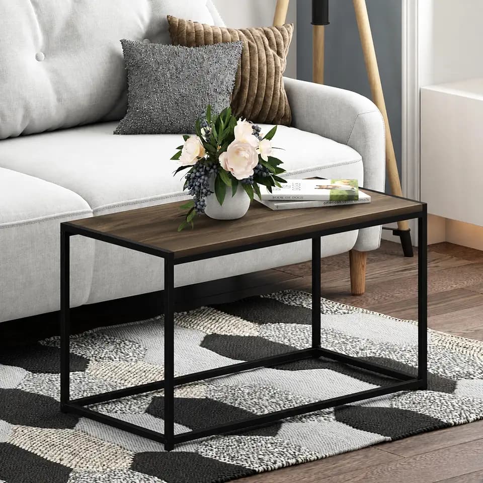 Furinno Camnus Coffee Table, Metal Frame Rustic Brown Coffee Table, Rectangular Wide Side Table, Easy Assembly, for Living Room, Bedroom, Home Office, Brown Walnut