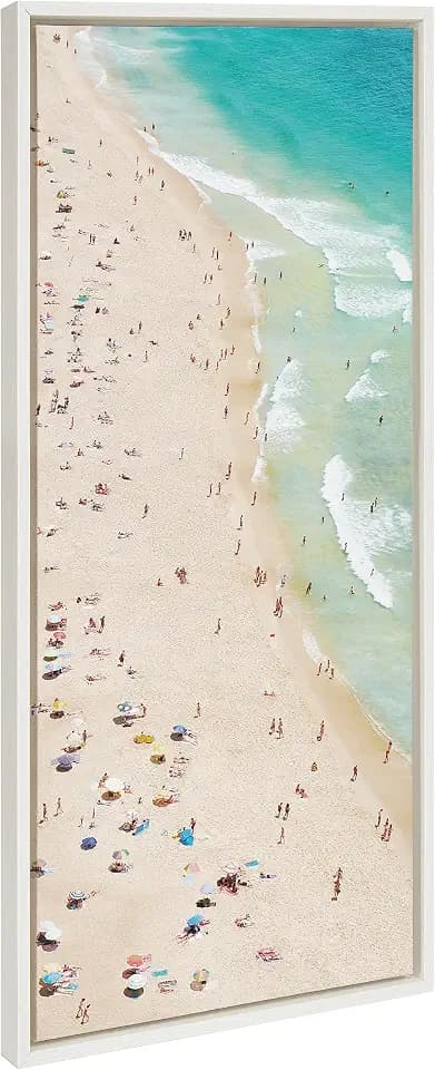 Kate and Laurel Sylvie Crowded Beach from Above Framed Canvas Wall Art by Amy Peterson Art Studio; 18x40 White; Coastal Beach Landscape Art for Wall