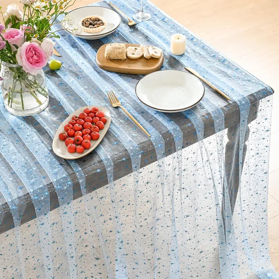 Horaldaily Light Blue Gold Star Gauze Tablecloth 60x84 Inch Rectangular