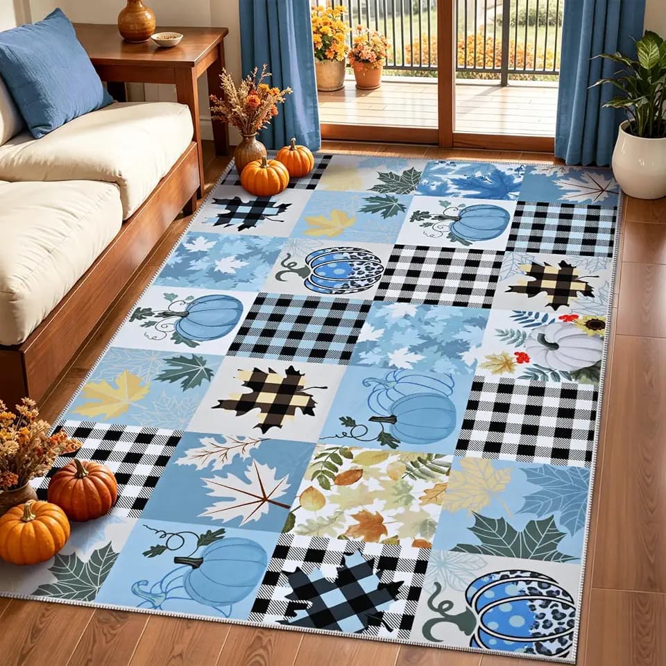 ASPMIZ Fall Rug 3x5, Thanksgiving Patchwork Rugs Washable Non Slip, Blue