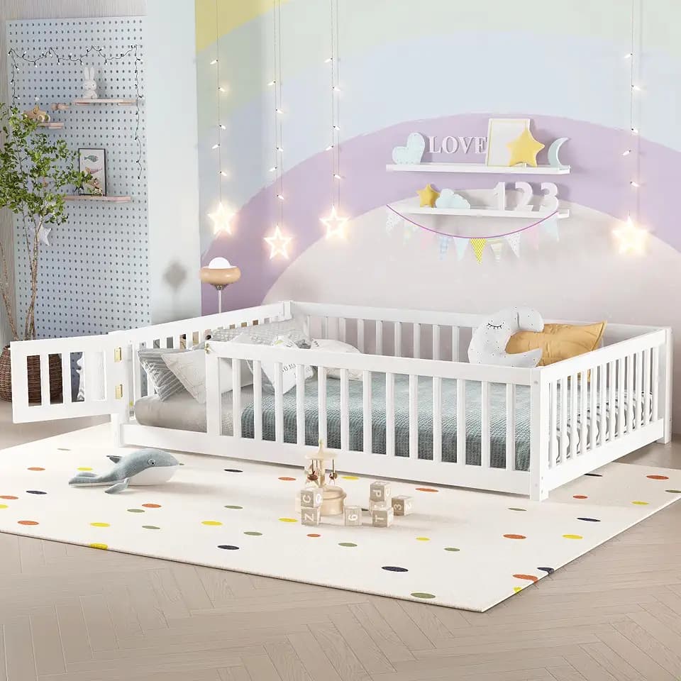 Bellemave Full Size Montessori Bed with High Fence and Guardrail, Solid Wood Floor Bed Frame for Kids Boys Girls, White