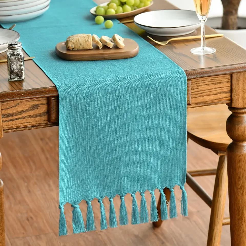 Artoid Mode Teal Tassel Table Runner, Winter Linen Blend Rustic Farmhouse Style Kitchen Table Decoration Holiday Wedding Party Dinning Decor 13x90 Inch