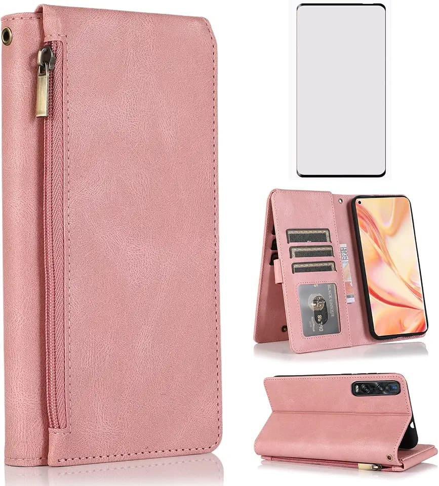 Asuwish Kompatibel mit OPPO Find X2 Pro Wallet Case und gehärtetem Glas Displayschutzfolie Reißverschluss Retro Leder Flip Cover Kartenhalter Ständer Handyhüllen für CPH2025 Frauen Roségold