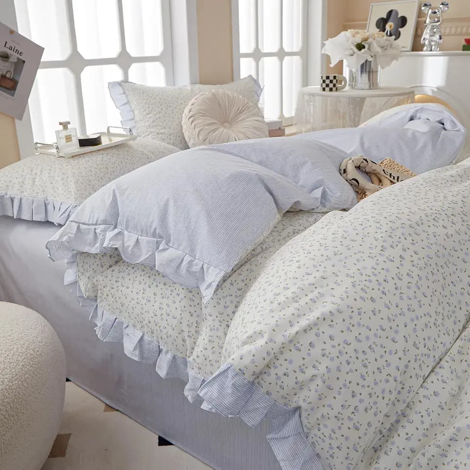 Ruffle Floral Duvet Cover Full Chic Vintage Blue Flower Duvet Cover Girls Romantic Lace Comforter Cover Cotton Floral Botanical Bedding Cover Cottagecore Flower Comforter Cover with 2 Pillowcases