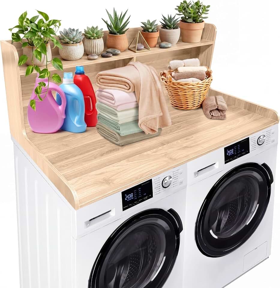 Garvee Washer Dryer Countertop, 54" x 27.55" 2-Tier Wood Laundry Countertop with 2.75" Edge Rails and Non-Slip Pad, Washer and Dryer Topper with Storage Shelf for Laundry Room Organization