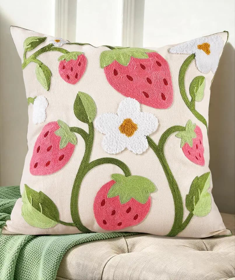 Embroidered Throw Pillow Cover 18x18 Inch, Branch Strawberry