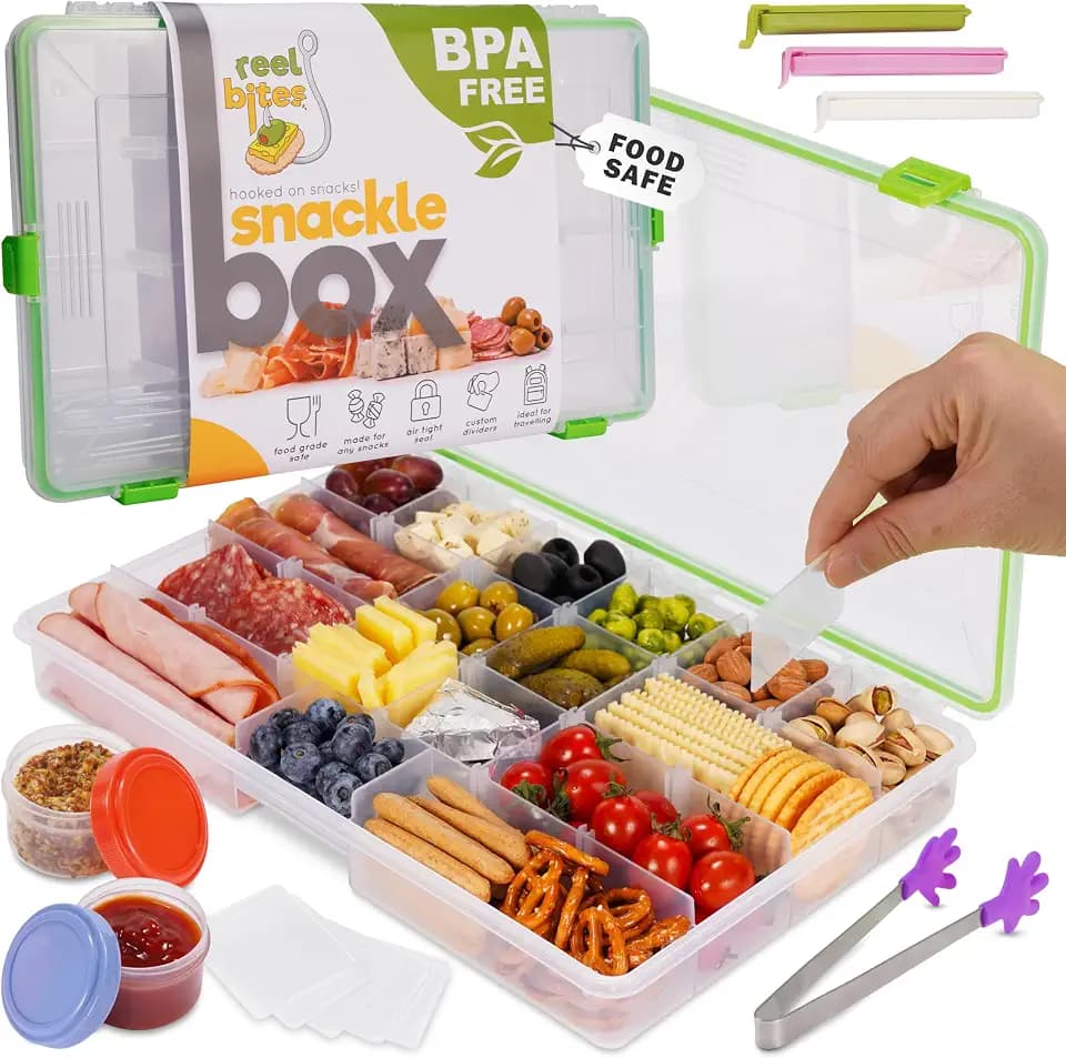Create-ables Large Snackle Box Container Reel Bites Large Snack Container for Travel, 21-Compartment Snackle Box with Adjustable Dividers, Dishwasher Safe – 14 inch