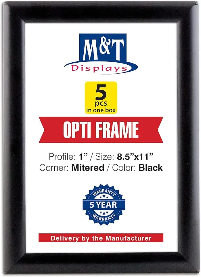 M&T Displays Opti Snap Poster Frame 8.5x11 Inch Black 1" Aluminum Profile Front Loading Wall Mounting Photo Picture Document Certificate Sign Holder Mitered Corner Anti Glare Cover (5 pack)