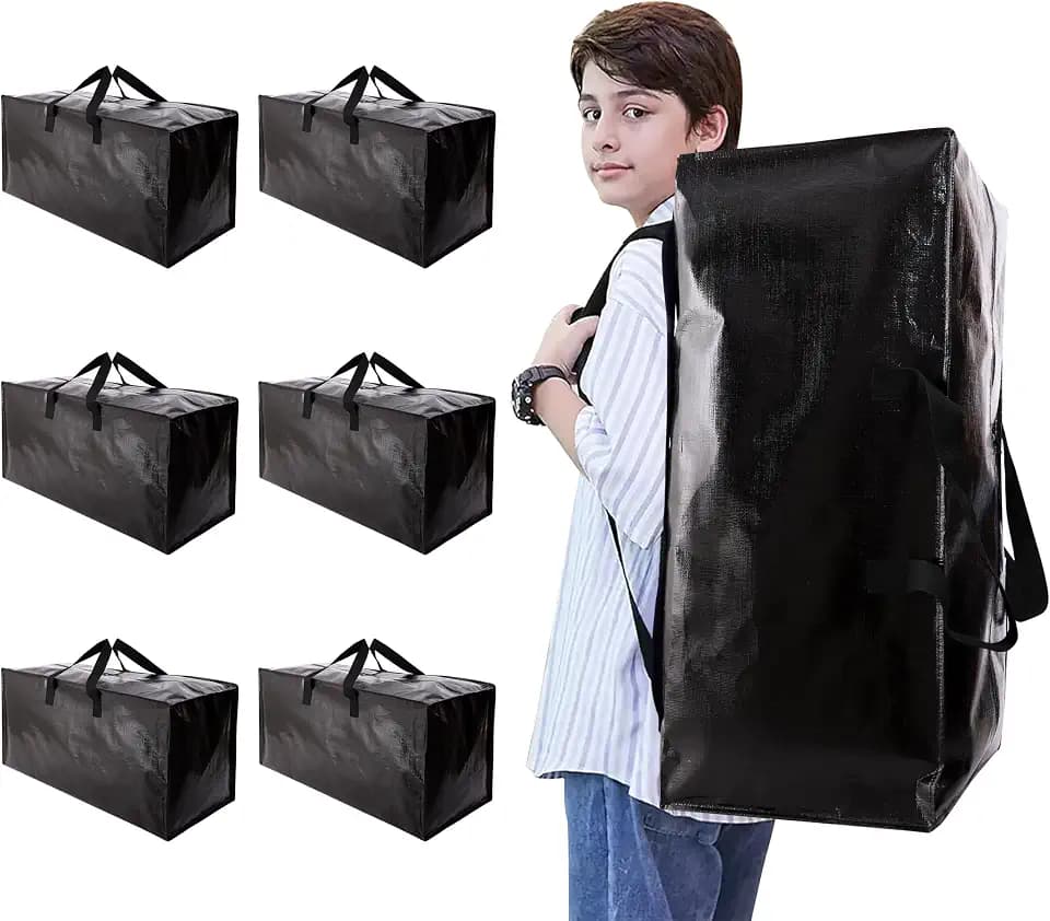 NATURELUX Heavy Duty Moving Bags with Backpack Straps and Strong Handles, Alternative to Moving Boxes and Storage Totes for Dorm Room Essentials, 6 Pack, Black