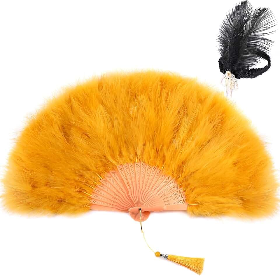 SOGUGOM Gold Hand Feather Fan with Headpiece