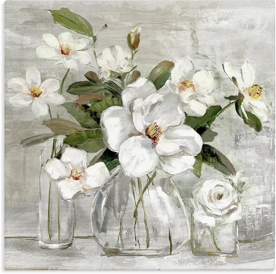 Blooming White Florals Distressed Painting, 24 x 24 Inch Canvas Wall Art