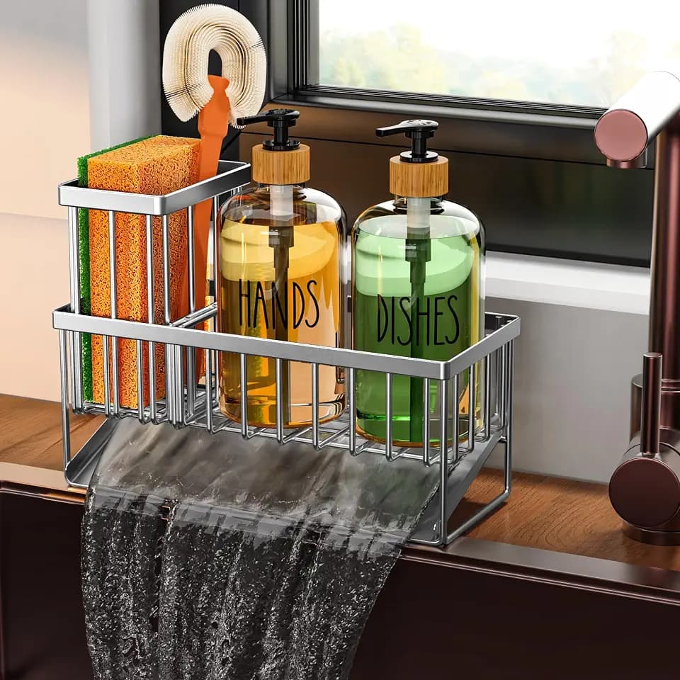 Cisily Kitchen Dish Soap Dispenser Set with 2 Pack 16.9oz Amber Glass Bottle and Sponge Holder, Dish Soap Dispensers with Adjustable Sponge Holder, Vintage Hand and Dish Soap Dispensers Set