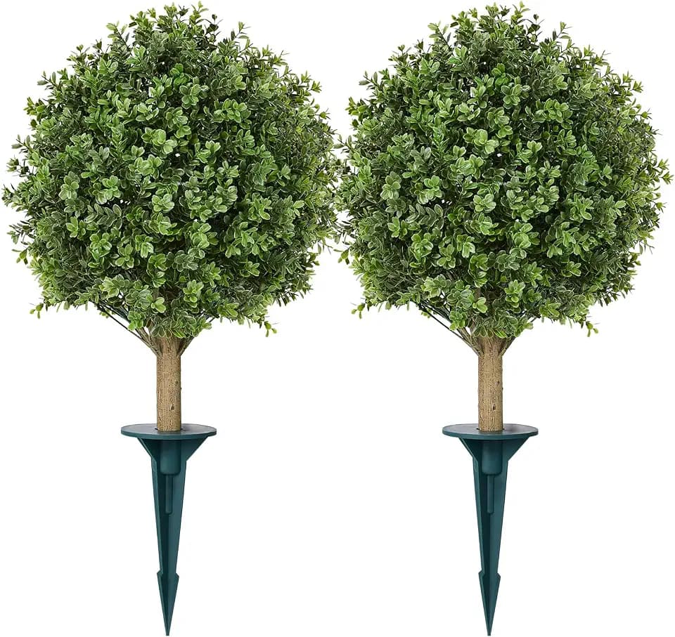 VeriNatural 16in Artificial Boxwood Topiary Trees with 10" Ground Spike, UV Resistant Faux Outdoor Plants, Small Boxwood Ball Trees for Front Porch Planters Garden Decor,Set of 2