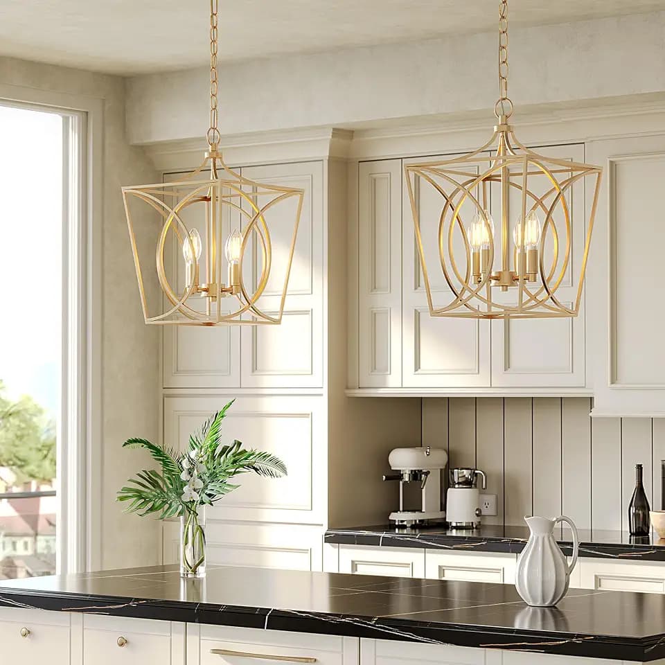 Tribesigns 4-Light Farmhouse Chandelier, Gold Rustic Metal Cage Adjustable Industrial Hanging Pendant Light Ceiling Fixture for Kitchen Island, Dining Room, Entryway UL Listed, E12 Base 2Pack