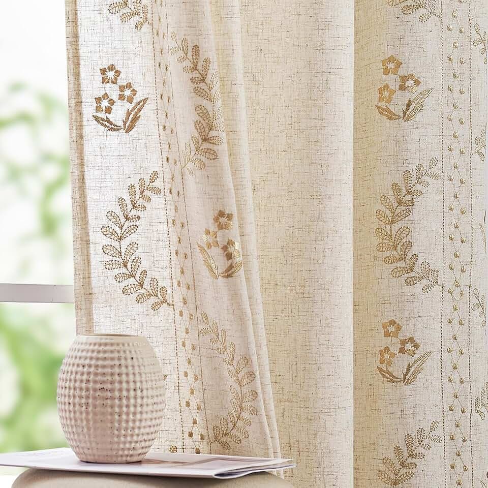jinchan Floral Linen Curtains 63 Inch Farmhouse Back Tab 2 Panels