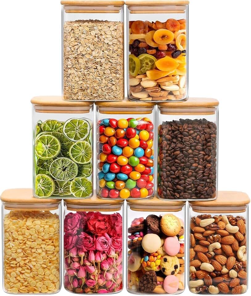 ComSaf Square Glass Containers with Lids 1.2 Qt, Set of 9 Pantry Glass Jars
