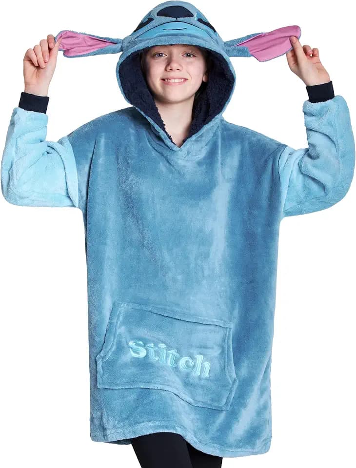 Disney Stitch Fleece Hoodie Blanket for Kids and Teenagers - One Size Fluffy Oversized Hoodie - Stitch Gifts