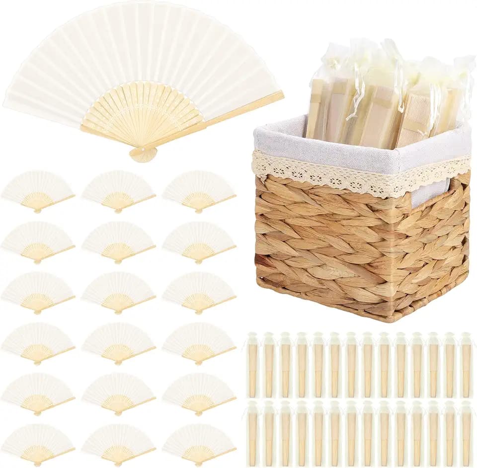 Aneco 50 Pieces Silk Wedding Fans Bamboo Handheld Folding Fans Foldable Hand Fan for Wedding Guests with Storage Basket Weddings Decorations Bridal Shower Party Favor DIY Home Decor, Cream
