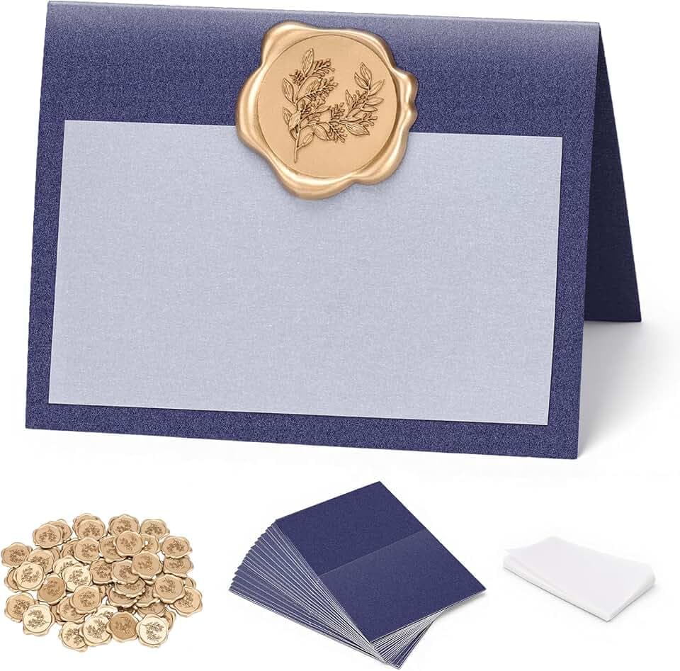 50 Pack Place Cards with Antique Gold Wax Seal Sticker, Name Cards for Table Setting, 4x3 inches Table Tent Card Stock Decor for Party, Wedding Dinner & Events (Pearlescent Blue)
