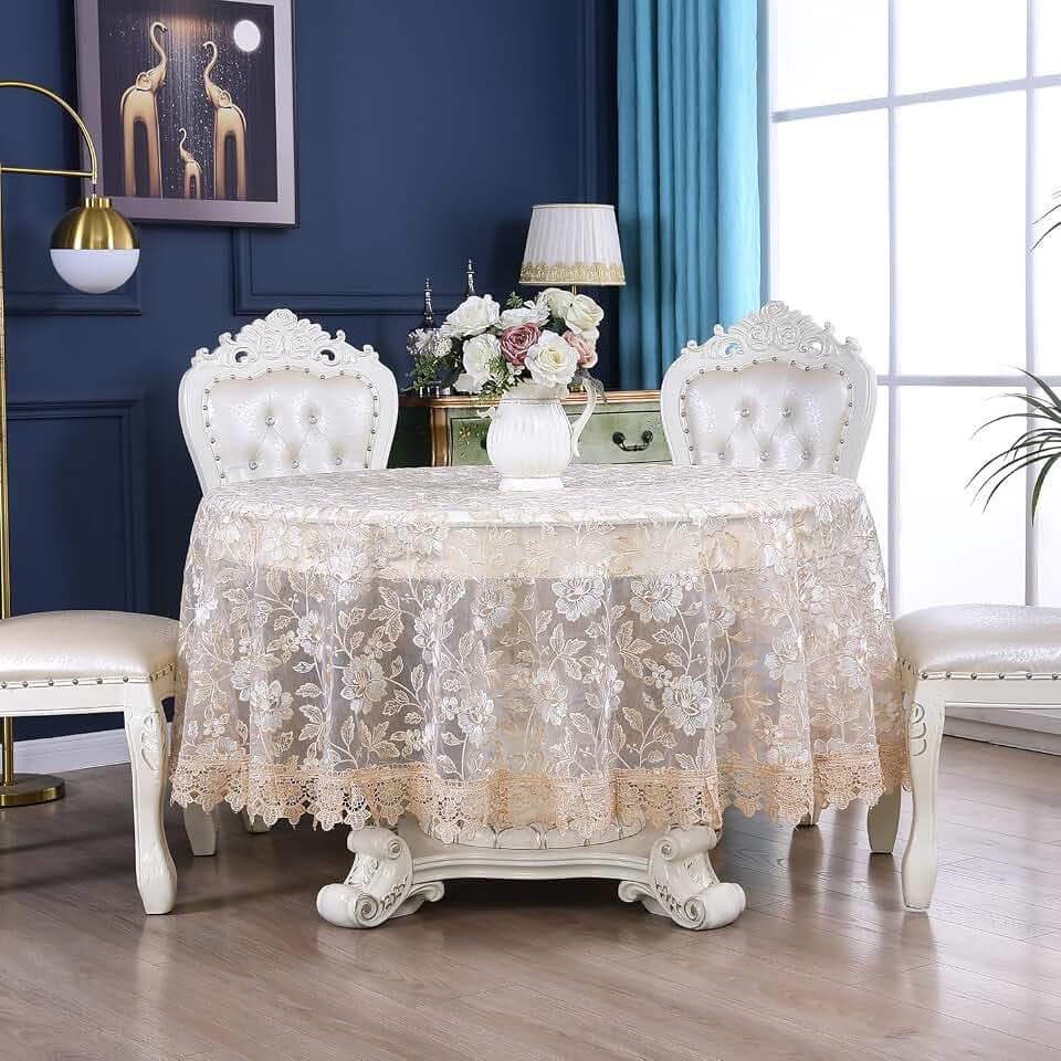 90 Round Tablecloth Lace Table Cloth Circle Macrame Vintage Shabby Chic Embroidered Gold Brown Table Cover for Kitchen Dining-Room Summer Holiday Outdoor Picnic, R10971