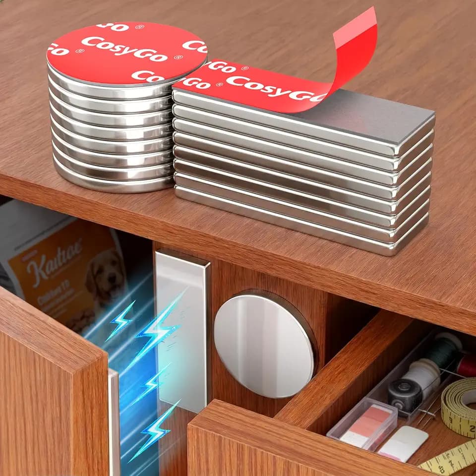 Full-Surface Magnetic Door Catch, No Drill Ultra-Thin Cabinet Door Magnets with Strong Adhesive, 0.78" Round & 1.18" x 0.39" Rectangle for Kitchen, Drawer, Closet, RV, 16 Pcs (8 Pairs)