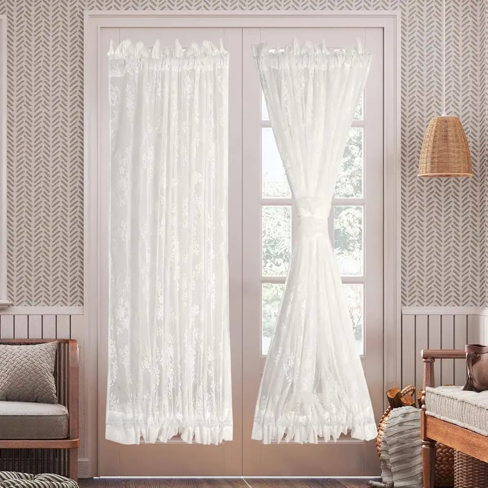 White French Door Curtain Floral Rose Knitted Semi-Sheer Window Voile Rod Pocket Lace Glass Door Treatment 2 Panels 40 Inches